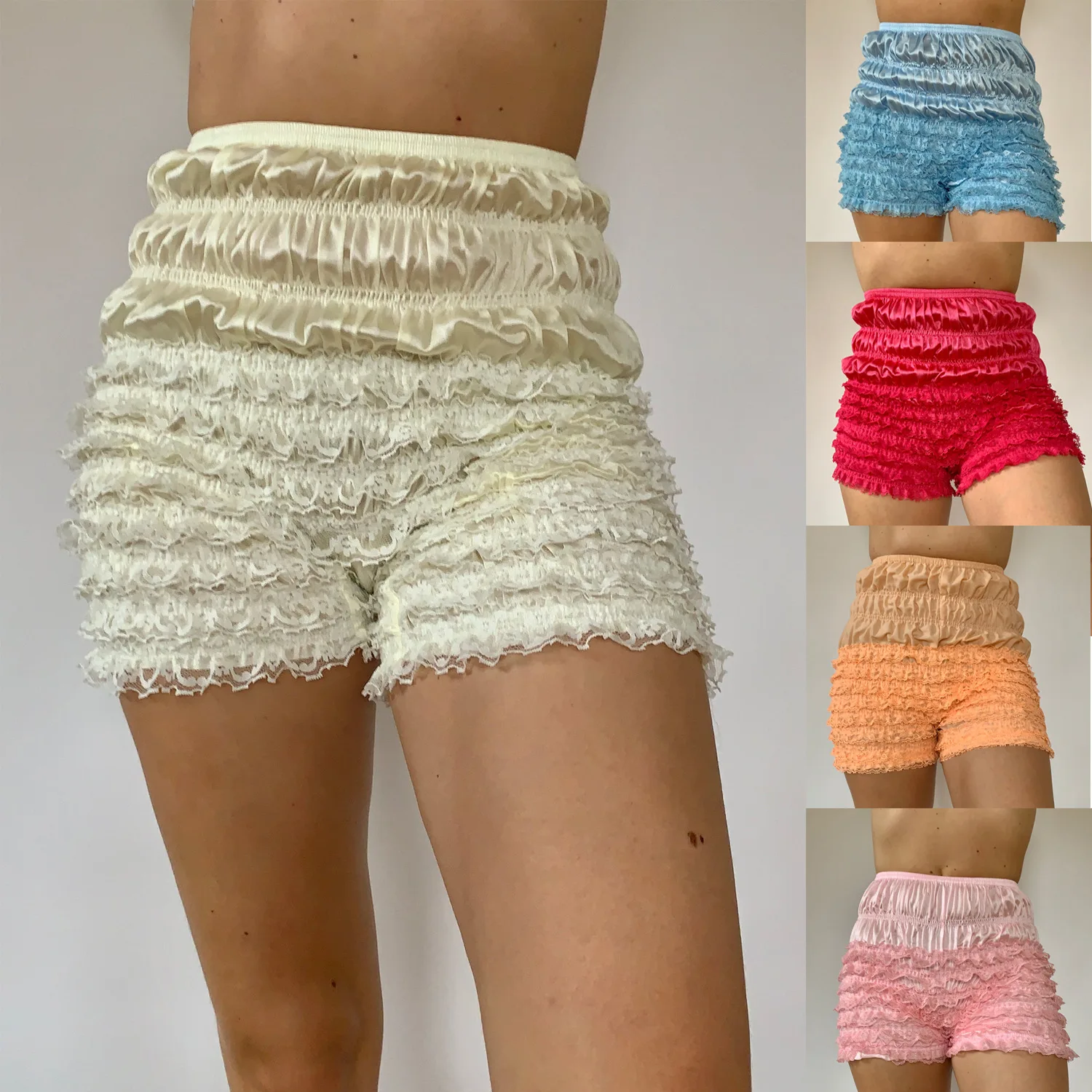 Pink Satin Lace Multi Layer Ruffle Shorts Elastic High Waist Mini Frill Hot Pants Sleep Lingerie Casual Bottoms Shorts 0VW2