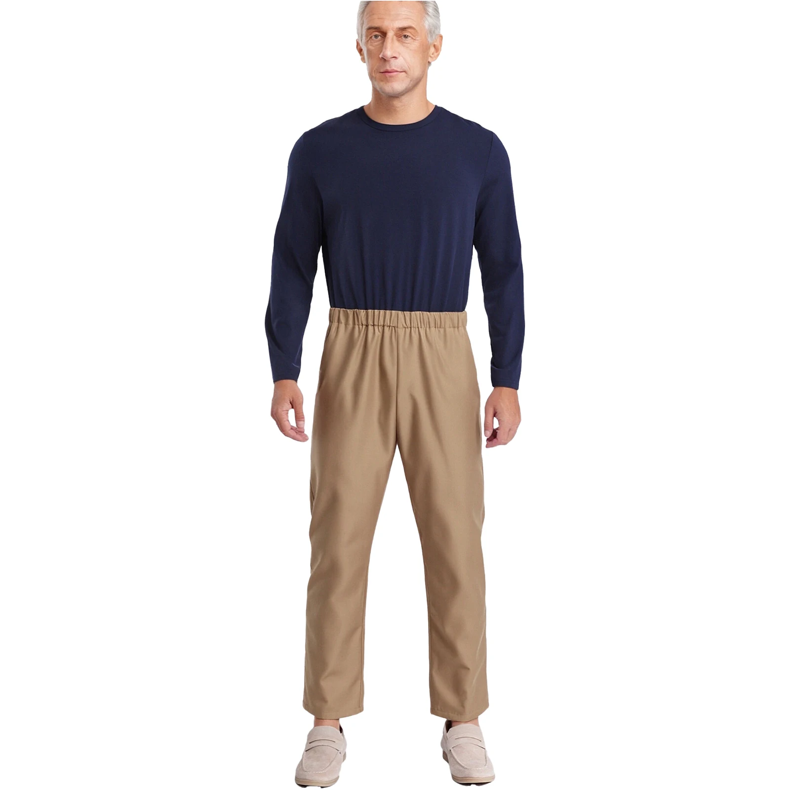 알츠하이머 환자 및 노인 돌봄을 위한 남성용 적응형 점프수트 컬러 블록 디자인 라운드 넥 긴팔 백 지퍼 롬퍼