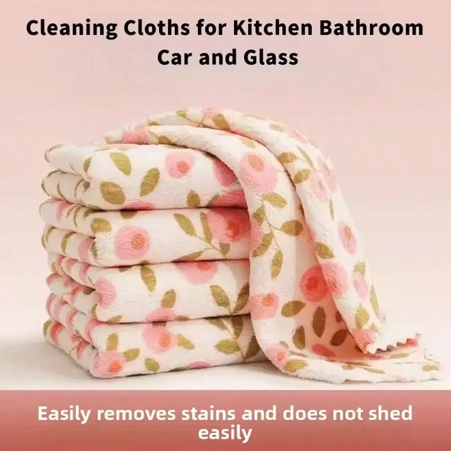 5pcs Coral Fleece Cleaning Cloths, High Absorbent Towels, Quick Dry Multi-Purpose Wiping Rags For Kitchen, Bathroom, Car, Floral Design Square Cleaning Cloths, Farmhouse Style Home Decor, Tableware Care Cloths, Soft & Non-Shedding Material, Suitable For