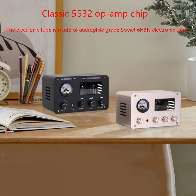 Audiophile Tube Preamp 4-input 2-output HIFI Preamp with Built-in VU Level Meter High-bass Adjustment Headphone Amplifier