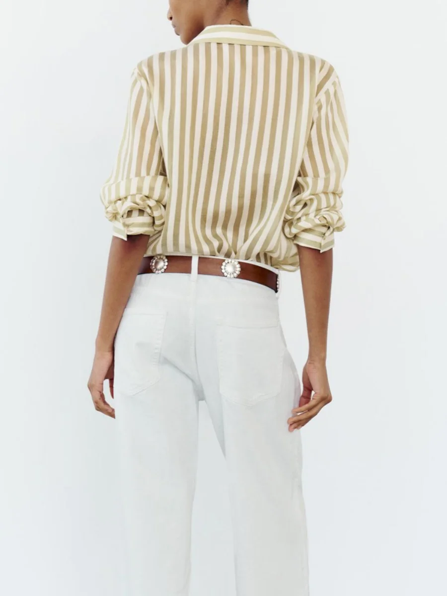 

Casual Stripe Long Sve irt Women's Summer New Sle Single Button Collar Drapey Commute Faion 25-29 Years Old