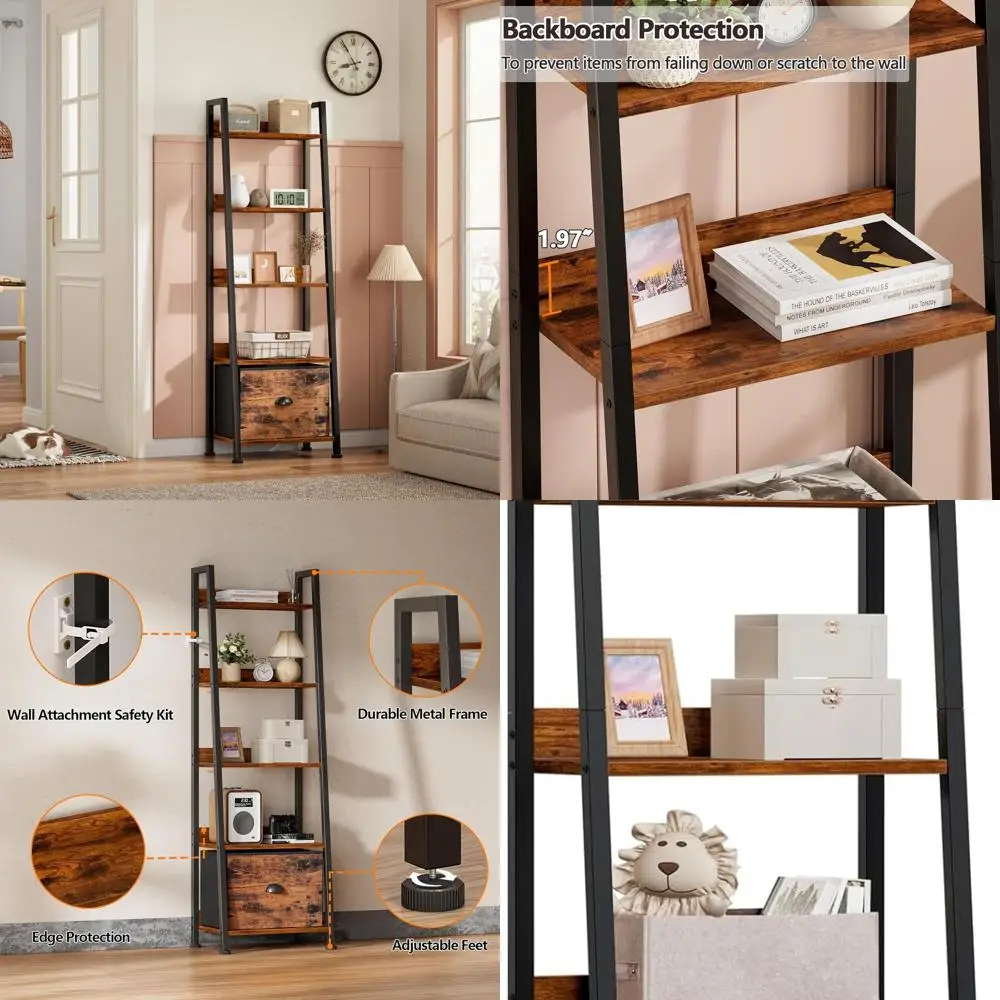 

Rustic 5-Tier Ladder Bookshelf with Removable Drawer, Wood and Metal Storage Organizer for Home Use