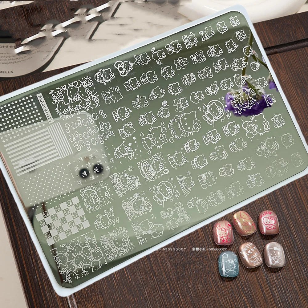 5D Cartoon Hello Kitty Nail Art Stamping Plate Adesivo Cute Bow Kitty Design Grande stampa in acciaio inossidabile Stamp Template Strumenti per unghie