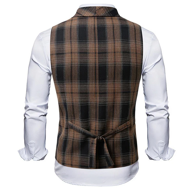 Trendy Sleeveless Slim Waistcoats Mens Spring Fashion Lapel Buttoned Plaid Striped Vest Jackets Men Casual Tie-up Suit Coat Male