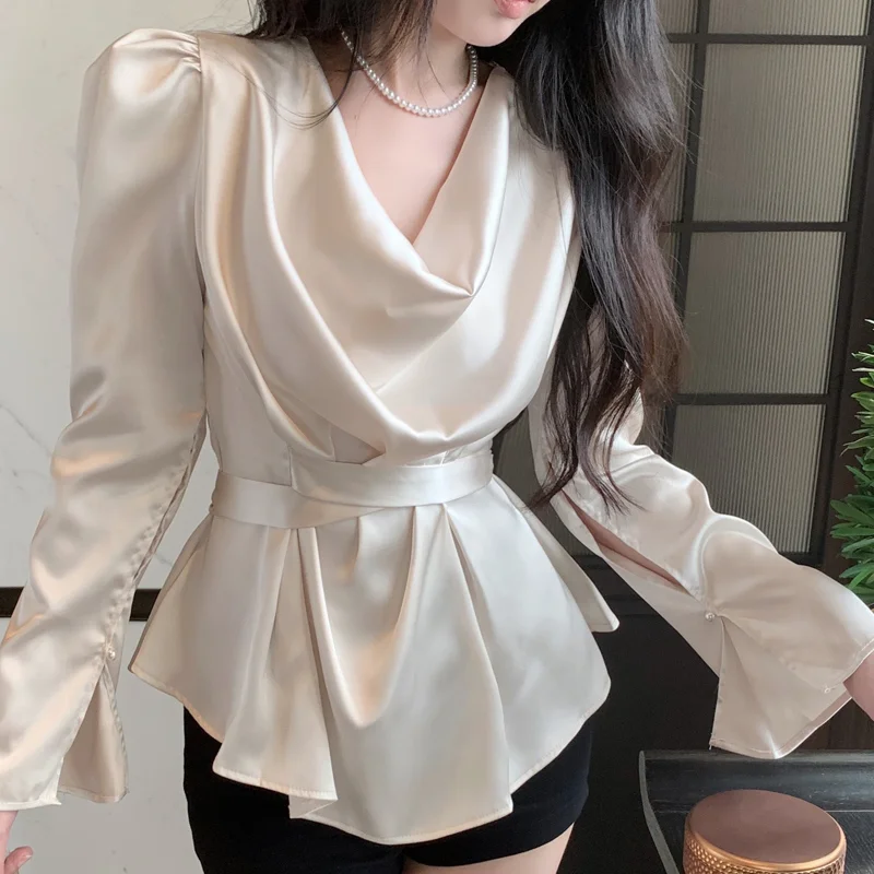 French High-end Lace Up Satin Shirt Women Autumn High-end Design Niche and Pure Desire to Tuck in Waist and Swing Collar Shirt