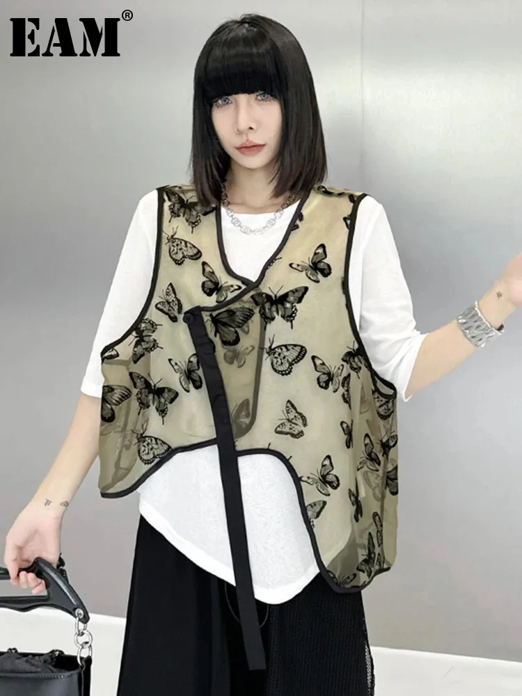 EAM Women Black Irregular Organza Ribbon Big Size Vest New V-collar Sleeveless Fashion Tide Spring Summer 2025 1DH6104