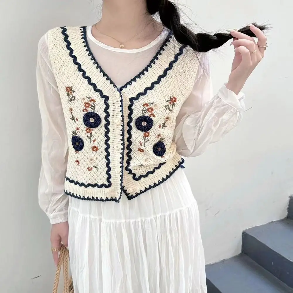 

Пуловер с v-образным вырезом, топы, вязаный жилет в национальном стиле, винтажный свитер с v-образным вырезом и цветочным принтом, повседневный наряд без рукавов, маленький женский жилет