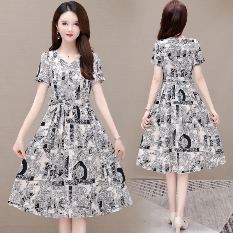 Summer Fashion Silk Mulberry Silk Printed Dress For Women 2023 New Korean V-neck Short Sleeve Loose Fit Holiday Dress Vestidos