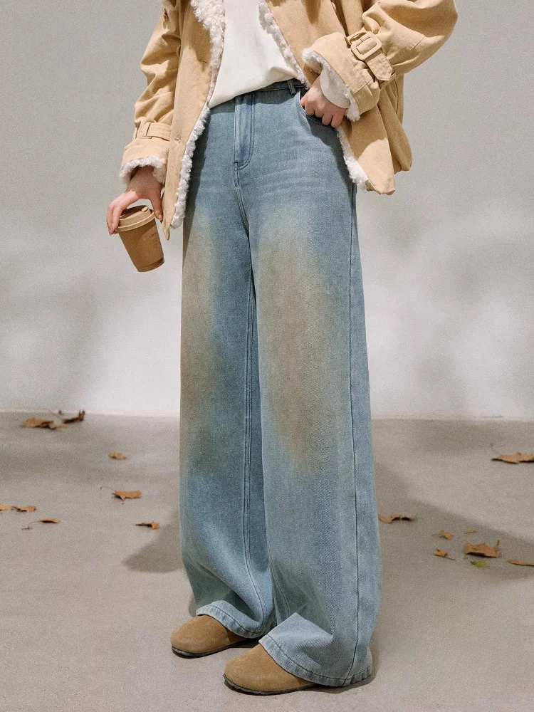 

Широкие джинсы с высокой талией в стиле ретро, джинсовый комплект больших размеров, женский модный комплект, повседневный прямой цвет, корейский Sle для похудения