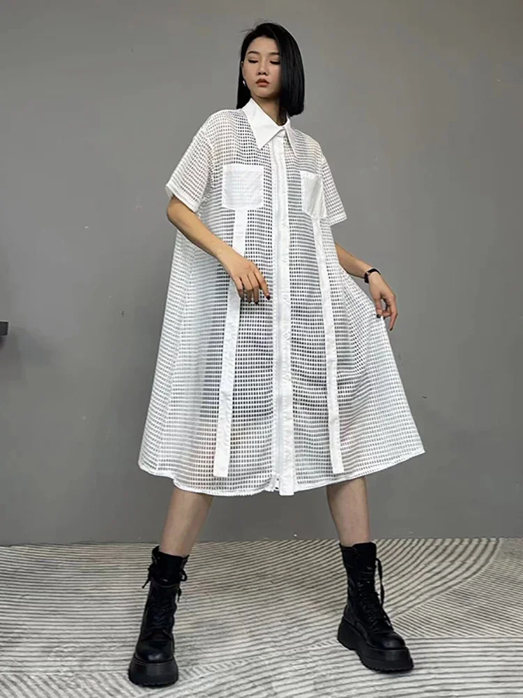 XITAO-vestido camisero con perspectiva calada, cuello vuelto, manga corta, bolsillos empalmados, moda de verano, nuevo vestido para mujer LYD1765
