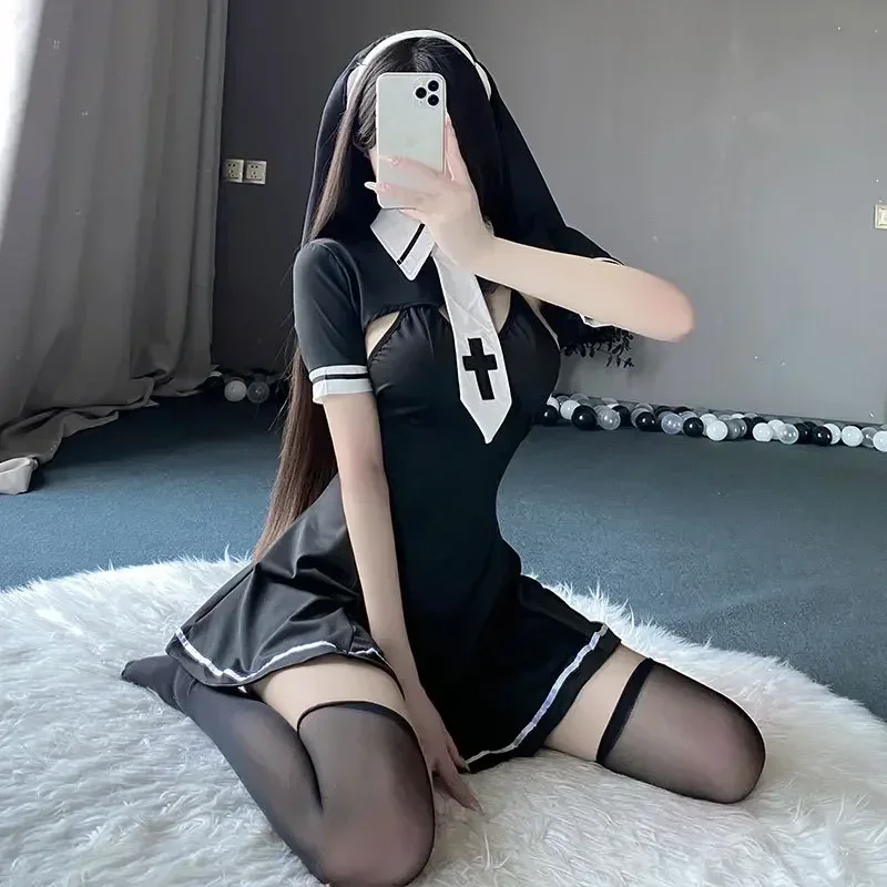 Halloween Costumes Sexy Nun Women Cosplay Lingerie Gothic Maid Anime Roleplay Outfits Tassel Carnival Fancy Dress Up Party