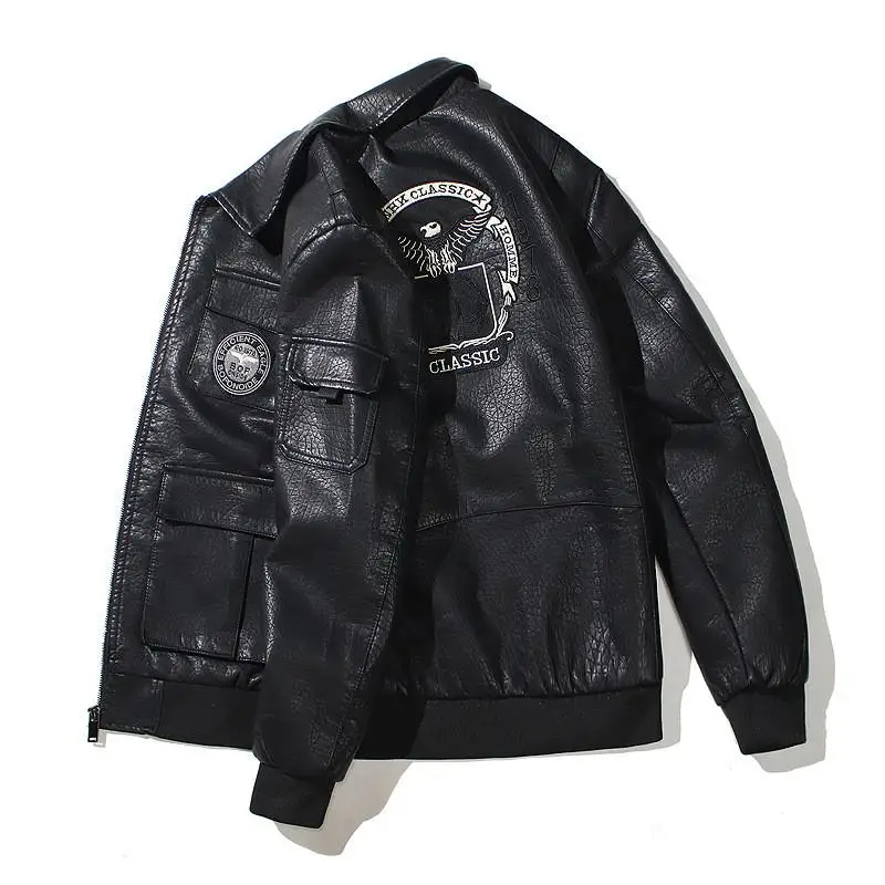 

Thiened Fce Lined Motorcycle Jaet PU Leather Embroidered Biker Coat Large Size Outerwear Men's Faion Casual Wear