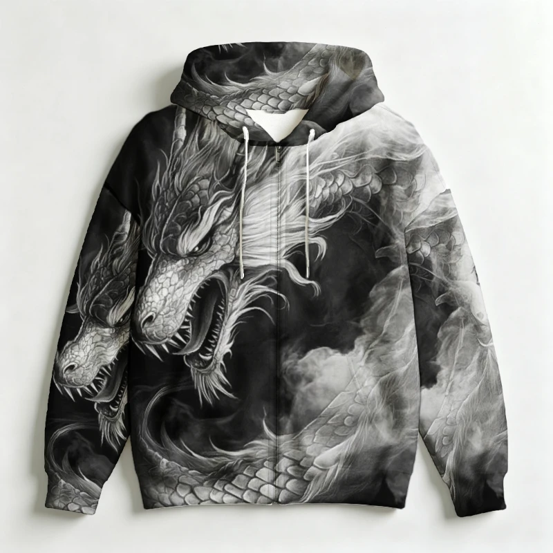 Men Zip Hooded Sweatshirt 3D Asian Dragon Cloud Motif Graphic Drawstring Trendy Outer Garment For Male