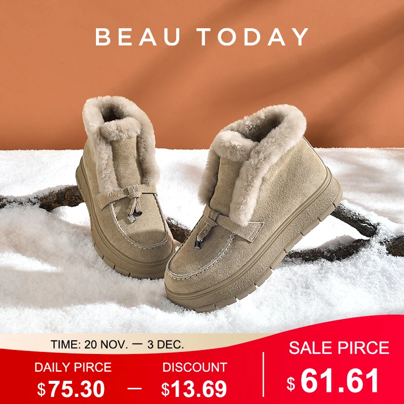 BEAUTODAY Snow Boots Women Cow Suede Platform Sole Round Toe Warm Fur Sewing Design Winter 2023 Ladies Shoes Handmade 08044