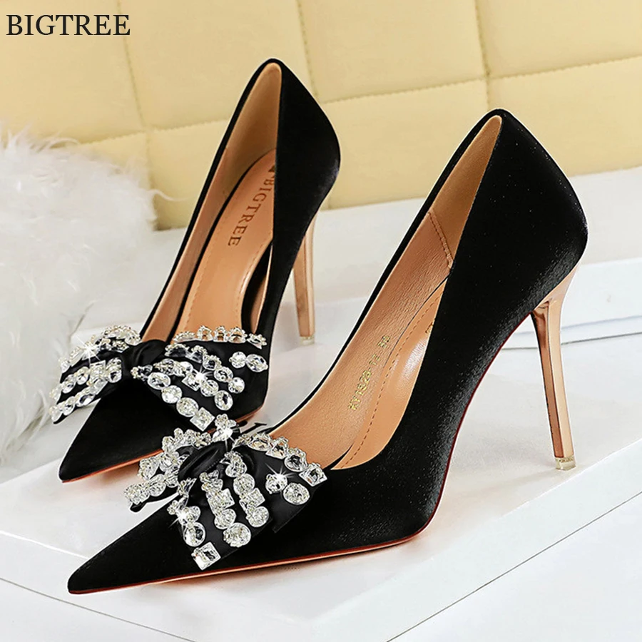 

BIGTREE Soft Silk Shallow Women Pumps Big Butterfly-knot Luxury Crystal Rhinestones High Heels Wedding Prom Shoes Ladies Autumn