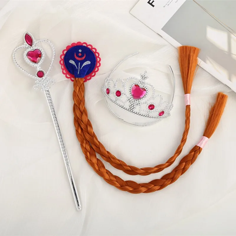 Ręcznie robione dzieci peruka księżniczka warkocz Cosplay księżniczka impreza z okazji Halloween akcesoria do kostiumów dziewczyny korony magiczna prezenty dla dzieci