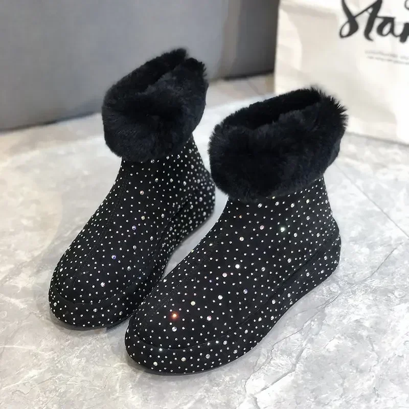 2024 New Luxury Designer Women\'s Snow Boots Thick Plush Fashion Winter Cotton Shoes Shining Water Diamond Warm Shoes zapatos