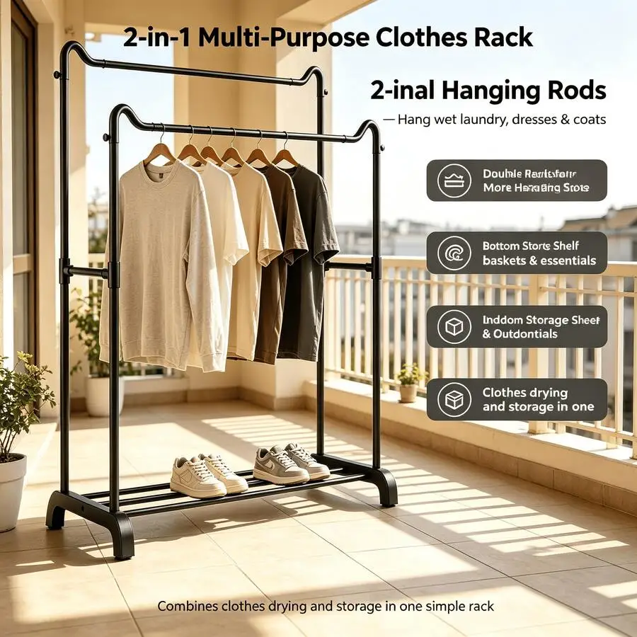 Easy To Assemble Freestanding Double Rod Clothes Rack, Heavy Duty Garment Organizer With Bottom Shoe Storage Shelf, Space Saving