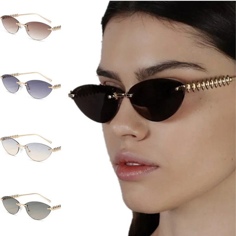 

Fashion Sun Glasse Women Anti-UV Spectacles Cat Eye Eyeglasses Rimless Ornamental Rivet Trimming Lens Sunglasses