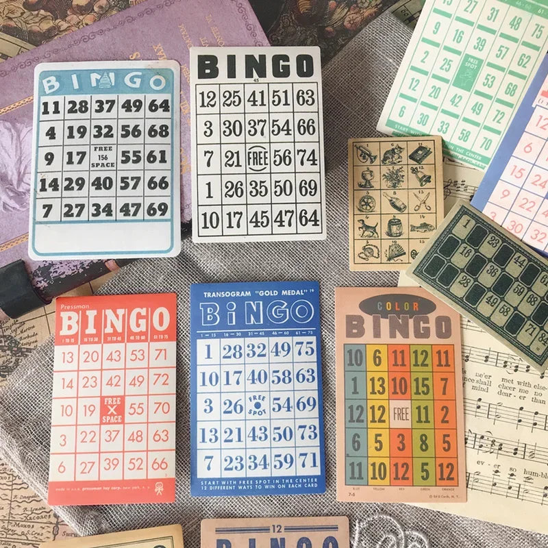 15Pcs Bingo Card Vintage Stickers Junk Journal Ephemera Retro Brand Handmade Deco Album Aesthetic Sticker Scrapbooking Material