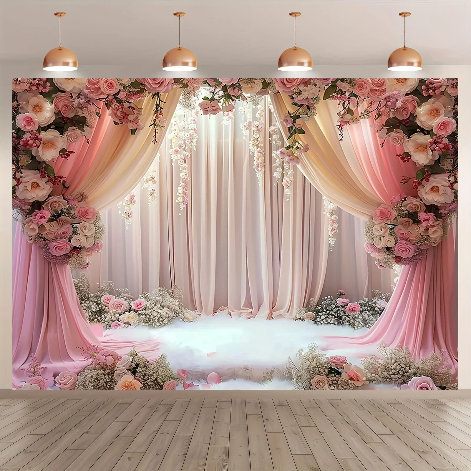 Romantic pink floral polyester background curtains, photo booths decorate bridal showers, engagements and weddings