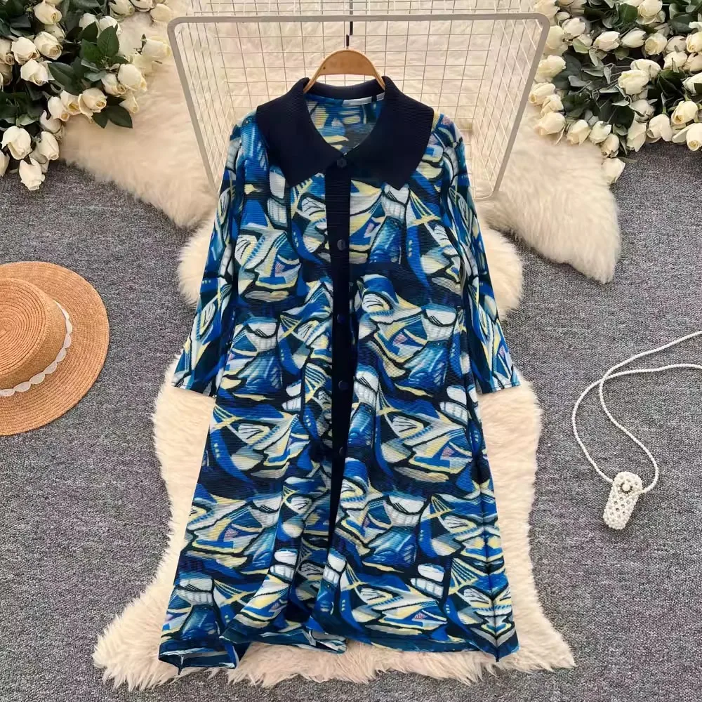 Miyake col rabattu robe plissée chemise femmes couleur bloc manches longues robes trapèze amples imprimé vêtements féminins