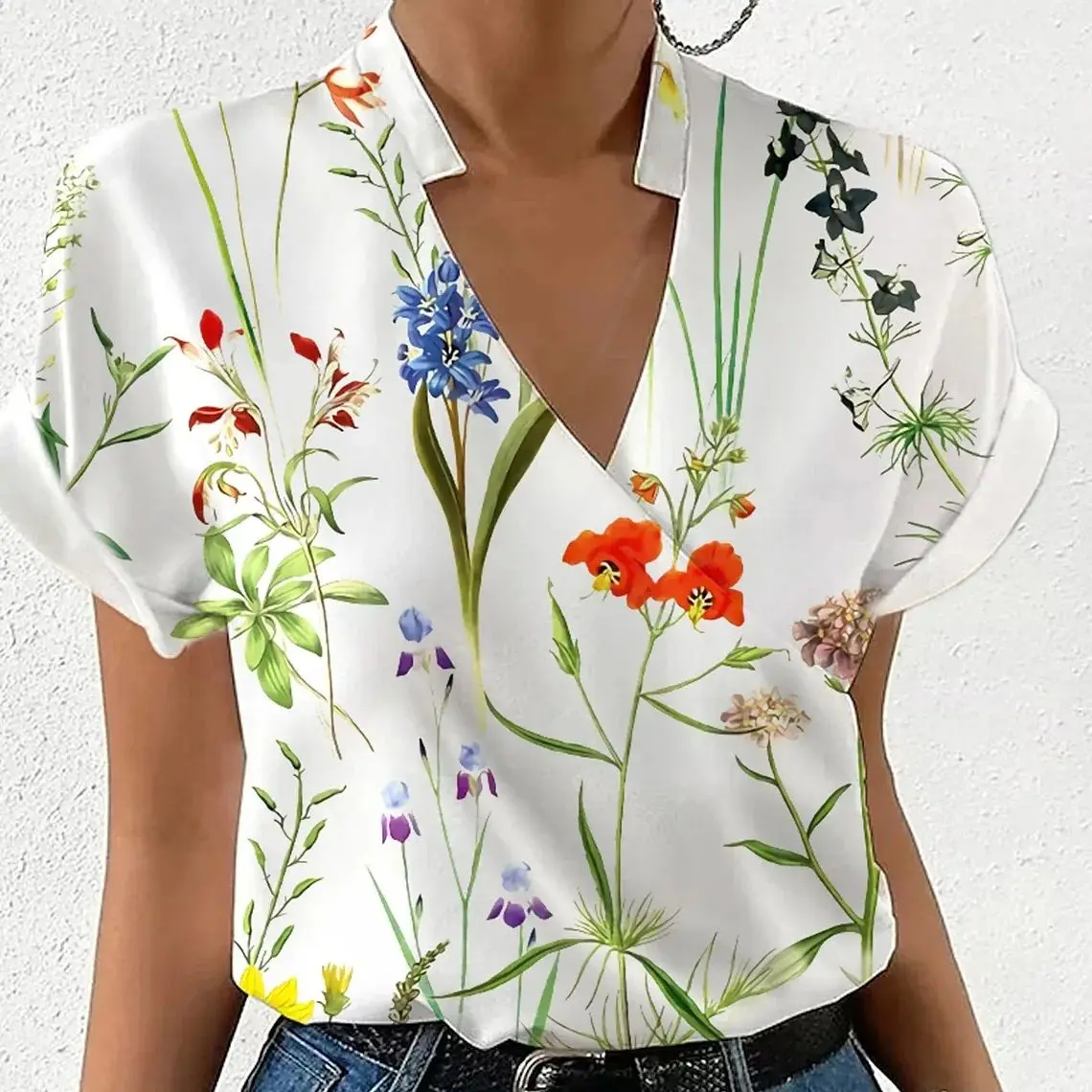 Elegant Blouse Printed Short Sleeve Shirts 2024 Summer Office Lady Cross V-Neck Flower Shirt S-XXL