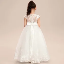 Simple Lace Tulle  Flower Girl Dress Round Neck Sleeveless First Communion Birthday Wedding Floor-length Customize 2-14 Years