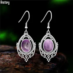 Vintage Natural Stone Amethysts Tiger Eye Earrings For Women Antique Silver Plated Quartz Drop Pendant Fashion Earring Jewelry