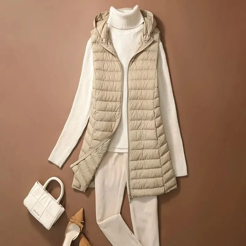 0-10℃ Women Waistcoats 2025 Autumn Winter Ultralight Duck Down Vests Portable Hooded Quilted Sleeveless Coats Puffer Long Liner