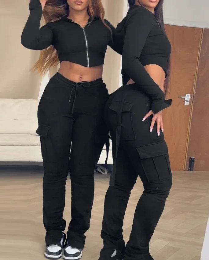 Zipper Design with Exposed Navel Hooded Sweatshirt and Drawstring V-Shaped Waistline Work Pants, Sports Pants Long Pants Set - Image 6
