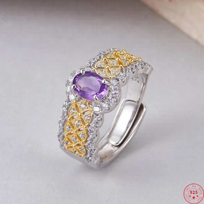 

S925 Sterling Silver Charms Rings for Women Contrast Colored Hollow Pattern Inlaid Amethyst Micro Zircon New Fashion Jewelry