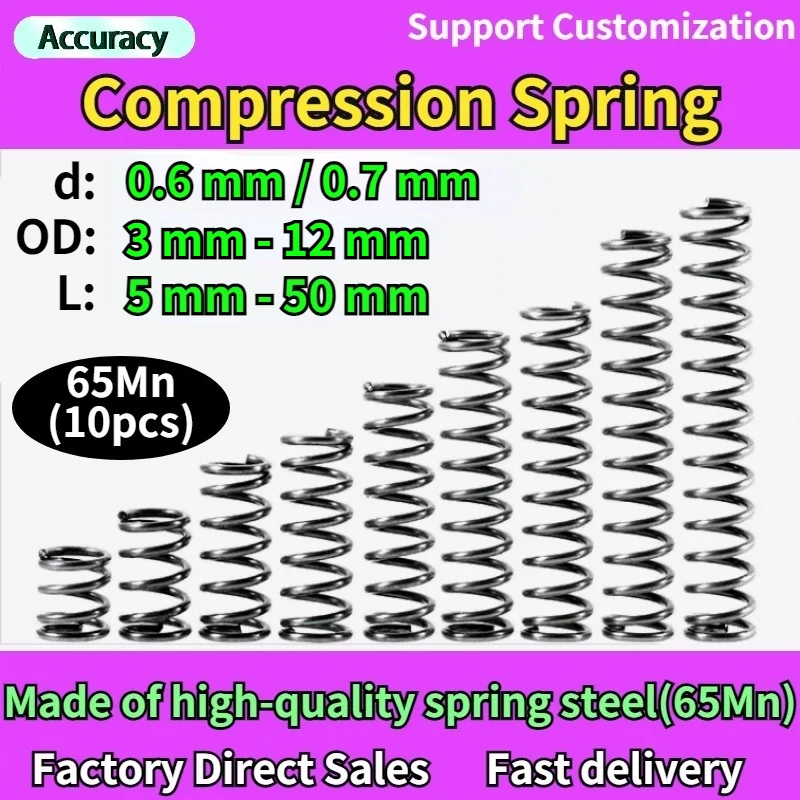 65Mn Wire Diameter 0.6 / 0.7mm Cylidrical Coil Compression Spring Return Compressed Springs Release Pressure Spring Steel Coils