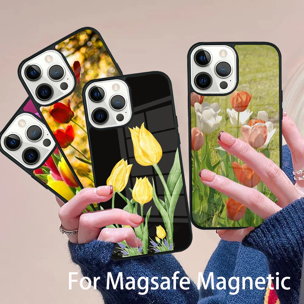 

Tulip Flower Phone Case Magesafe Magnetic Wireless Charge Cover For IPhone 16 11 12 13 14 15 Pro Max Plus Mini