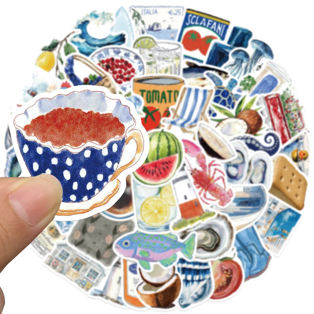 

10/30/50pcs Mediterranean Aesthetic Stickers Cartoon Watercolor Graffiti Sticker Notebook Luggage Phone Case Decals Decoration