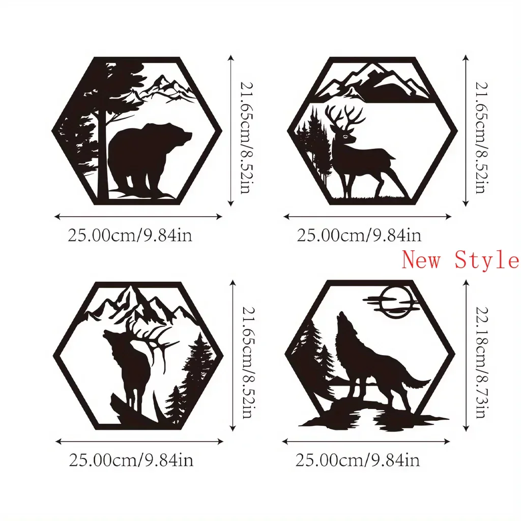 

4pcs Home Decorative Frames Elk Deer Wolf Bear Hexagonal Metal Wall Sculpture Leaked Black Rustic Metal Forest Decor Wilderness