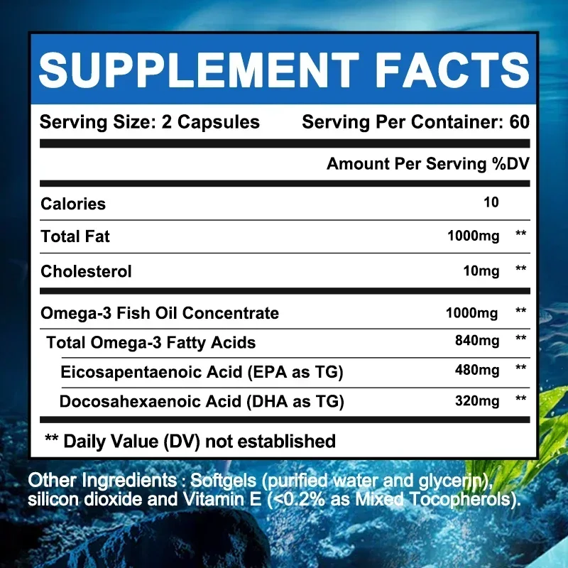 Supplément d'huile de poisson 1000 mg Softgels, oméga 3 avec inondation et DHA, soutien des yeux, du cœur, du cerveau, du système immunitaire