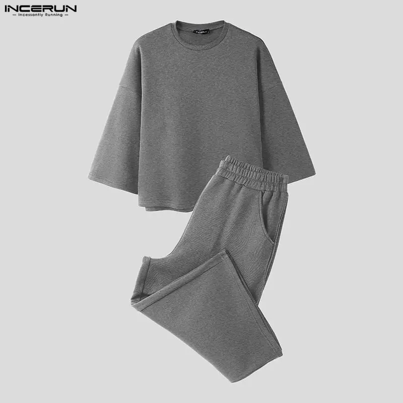 INCERUN Men Sets Solid Color Baggy 3/4 Sleeve Hoodies & Calf-length Pants Two Pieces Sets Streetwear Loose Fashion Men's Suits