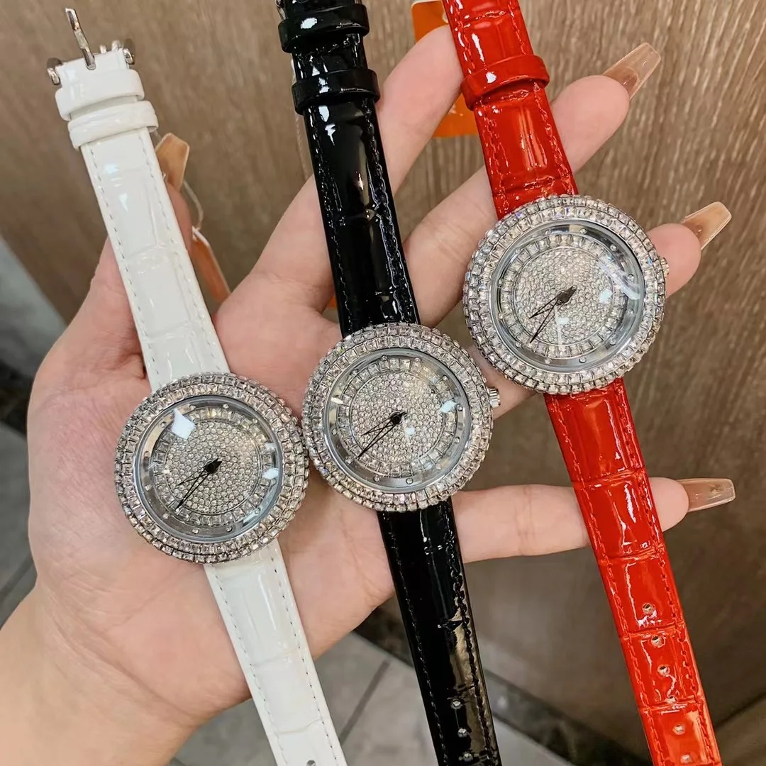 

Spinning Full Zircons Crystals Women Luxury Watches China Cultural GOOD LUCK Gifts Leather Strap Wrist watch Quartz Waterproof