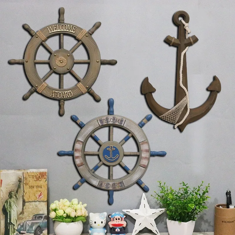 80cm Wood Mediterranean Ship Wooden rudder helm Ship Anchor antique home decor wall decoration  vintage room decor accessories