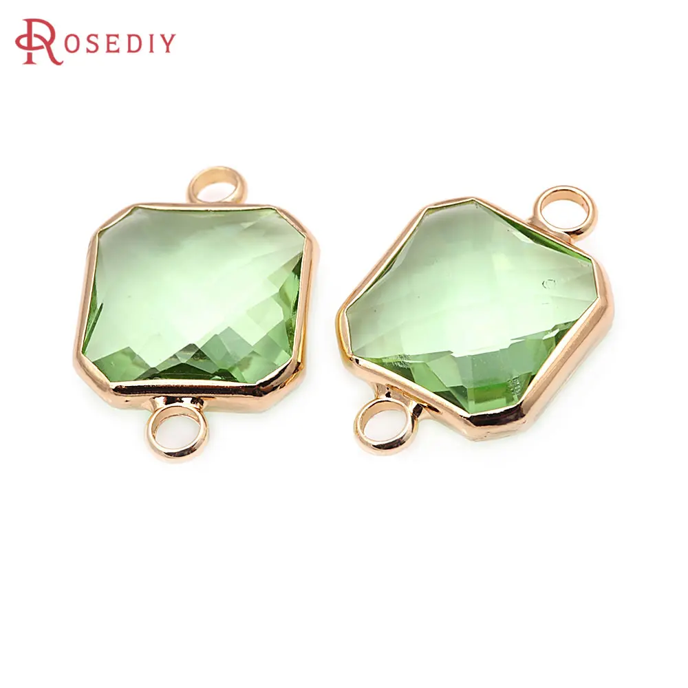 10PCS 18K Gold Color Brass Glass 2 Holes Square Connect Charms Pendants Necklace Earrings High Quality Jewelry Diy Accessories