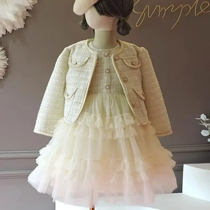 Retail  New Baby Girls Teenage  Formal Lady Boutique Fashion Sets,   Coat + Vest Mesh Dress   Princess Elegant Suits Girl 3-10T