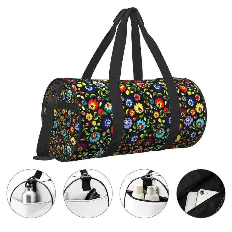 Polska Polska Floral Folk Art Flower Travel Duffel Bag Weekender Overnight Bags Waterproof Luggage Bag for Travel Sport Gym Yoga