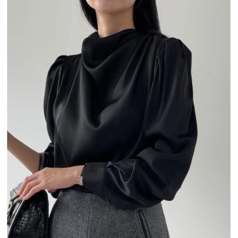 Korean Chic Silk Satin Shirt Pile Collar Pleated Long Sleeved Office Lace Tops Spring Autumn Women Pullovers Blouse