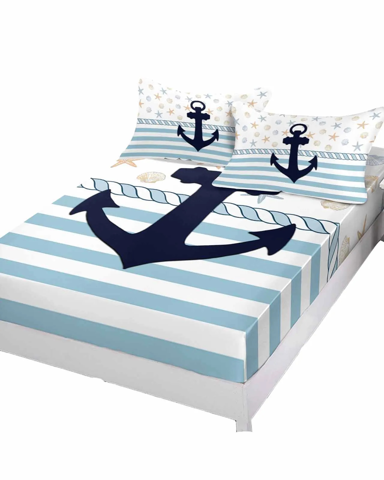 Anchor Sea Star Shell Rope Queen Size Bed Mattress Fitted sheet Elastic Rubber Band Non-slip Bed Sheet Pillowcase Set