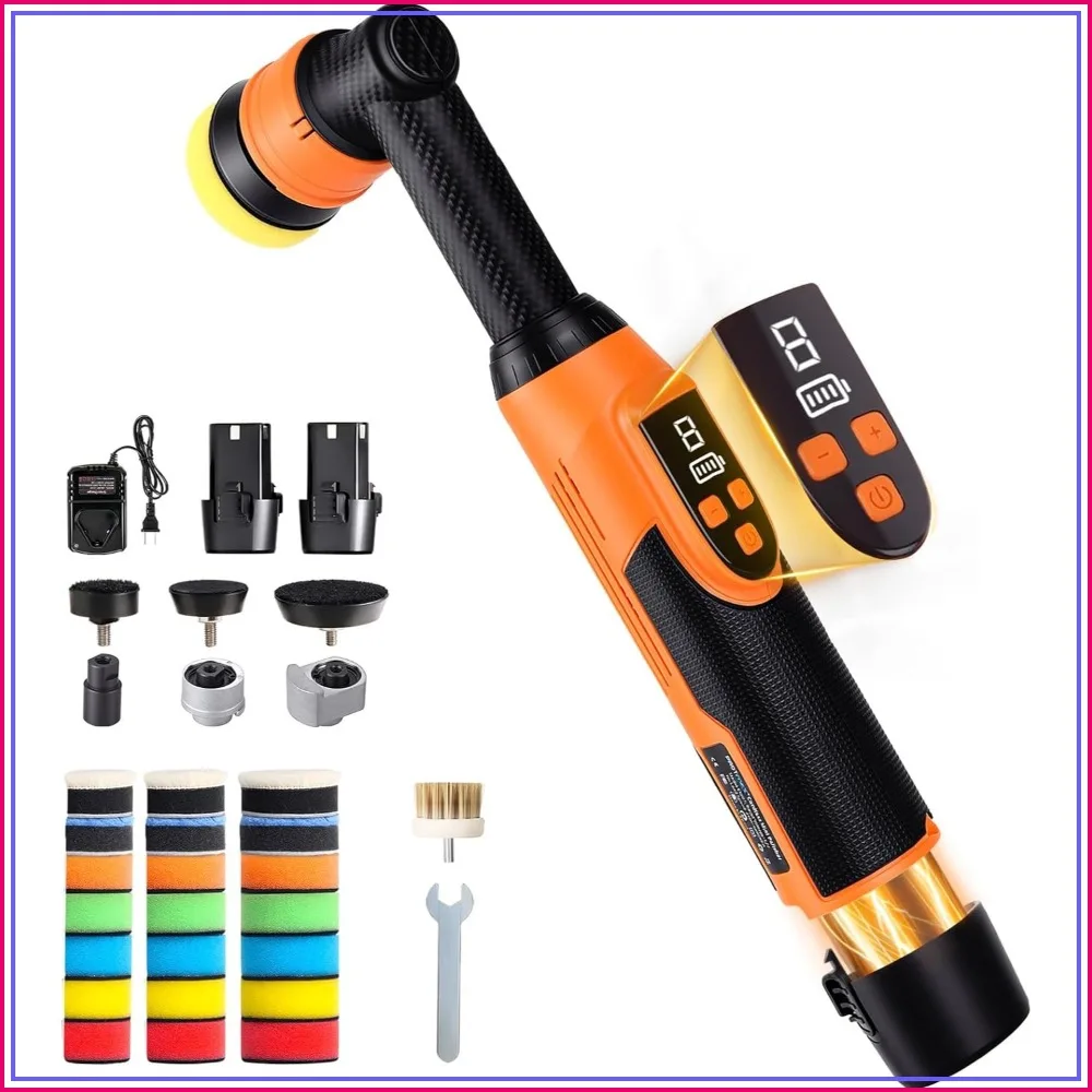 

Cordless Mini DA/RO Car Buffer Polisher, 8 Speeds 2000-6000 RPM, 2×2000mAh Batteries, LED Display, Detailing Kit for Auto Scratch Remover
