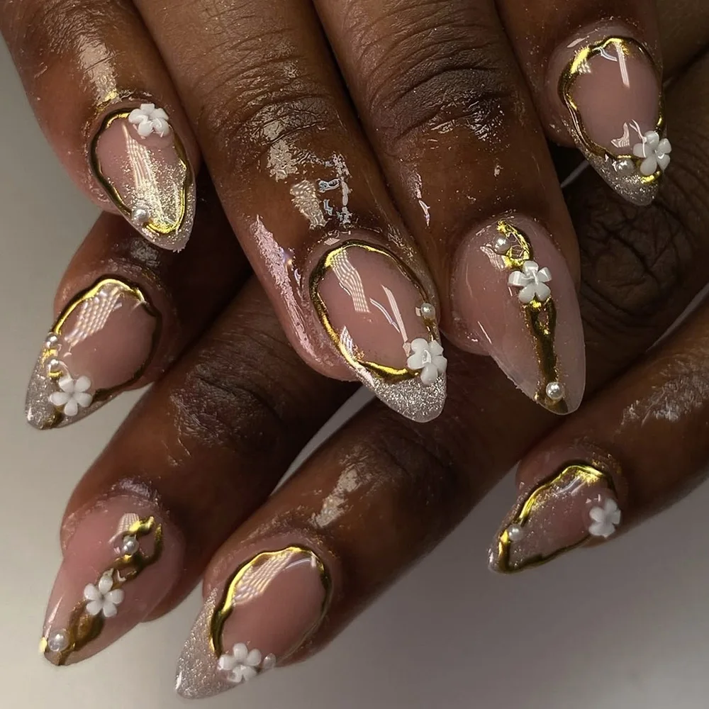 

24 шт., кошачий глаз, позолоченные французские накладные ногти, 3D цветок, жемчужный дизайн, полное покрытие, кончики ногтей, короткие миндалевидные многоразовые накладные ногти