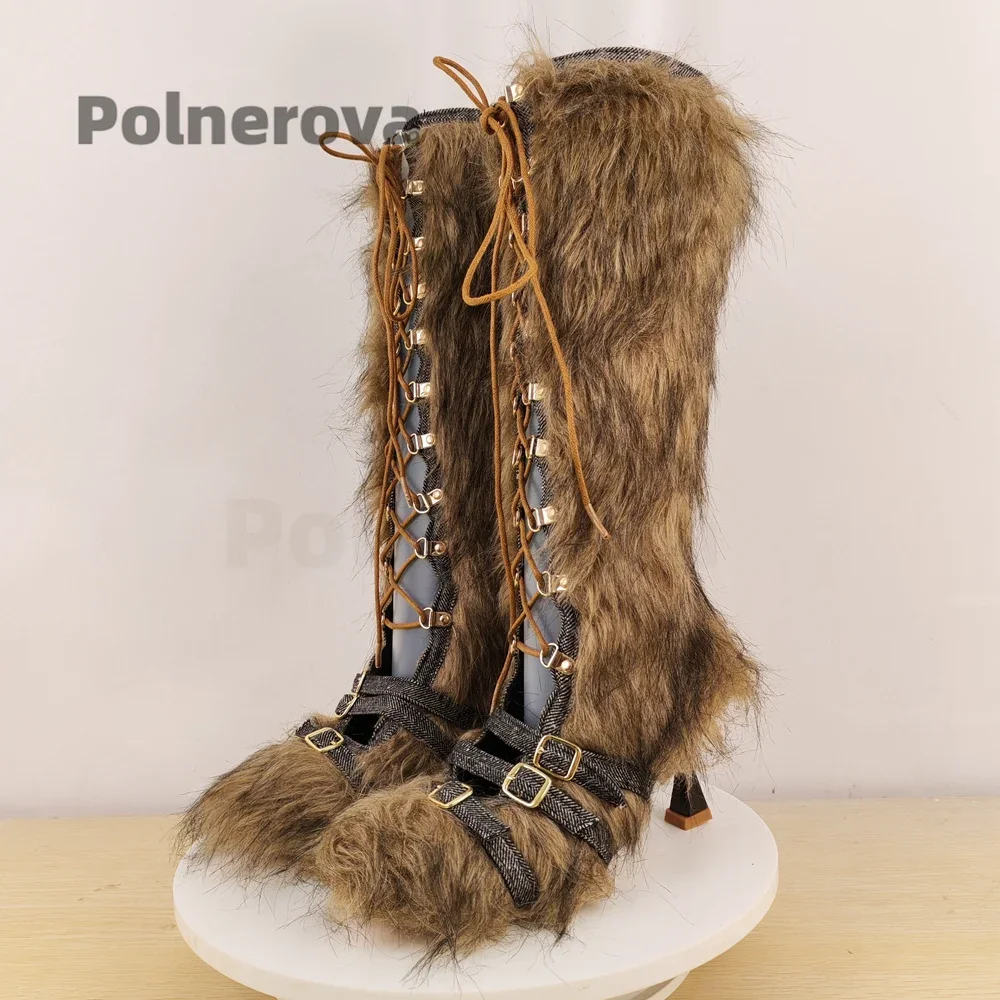 

Belt Buckle Fur Boots for Women Knee High Brown High Heels Frone Lace Up Casual Warm Shoes Fashion Faux Fur Winter Boots