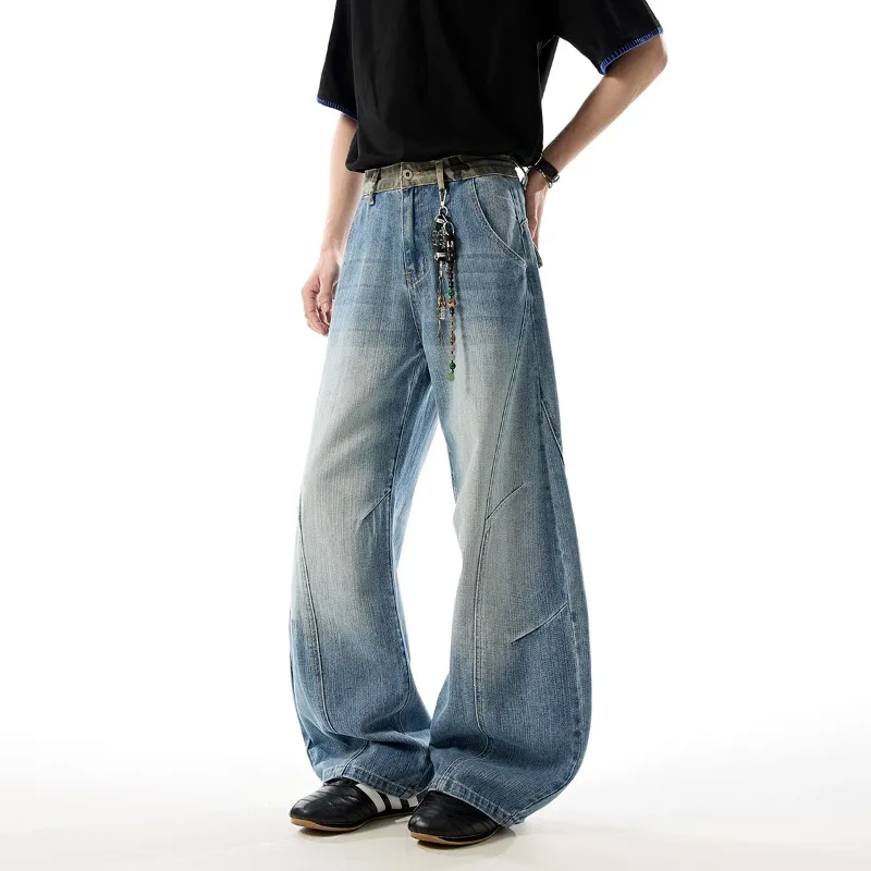 

Folded Design Wide Leg Men's Light Blue Jeans Camouflage Patchwork Back Pocket Flap Spliced Curved Long Pants Chic