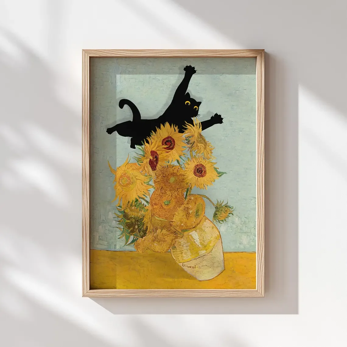 Katzendruck Van Gogh Sonnenblumen Geschenk Poster Lustige schwarze Katze springende Heimdekoration
